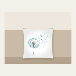 Dandelion Seed Head Drifting Away Pillow in white: A dandelion seed head releases seeds in grey and teal on white.