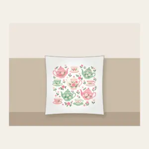 Teapots and Tiny Flowers Pillow in white: Cheerful teapots and little flowers in pink and mint scatter across a cream ground.