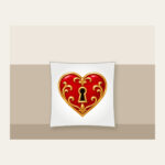 Heart and Keyhole in Red and Gold Pillow in white: A small heart with a keyhole in red and gold on a clean ground.