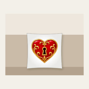 Heart and Keyhole in Red and Gold Pillow in white: A small heart with a keyhole in red and gold on a clean ground.