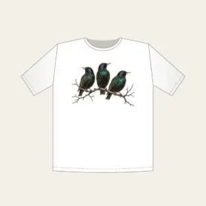 Three Starlings on a Bare Branch T-Shirt in white: Three starlings perch on a bare branch in charcoal and iridescent green on a pale ground.