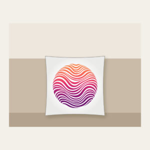 Sunset Ripples from Coral to Plum Pillow in white: Ripple lines move through a sunset gradient from coral to plum.
