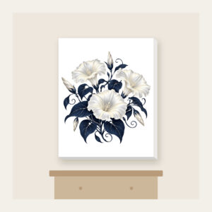 Night-Blooming Moonflowers over Navy Canvas Print in white: Moonflowers in cream and silver glow over a navy ground.
