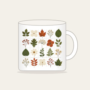 Pressed Leaf Specimen Grid Mug in white: A grid of pressed leaves and blossoms in green, rust and cream with tiny index lines.