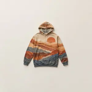 Sunrise Ridge Long Sleeve Hooded Tee with all-over layered ridges and a rising sun in terracotta, sand and slate