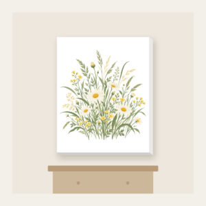 Meadow Grass and Daisy Field Canvas Print in white: A flat meadow of swaying grasses and small daisies in sage, cream and butter yellow.