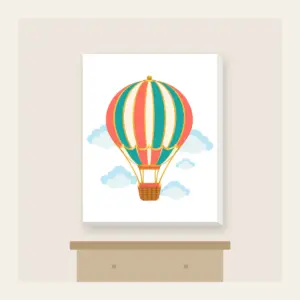 Striped Hot Air Balloon Canvas Print in white: A hot air balloon with coral, teal and gold stripes drifts above small clouds, a tiny basket below.