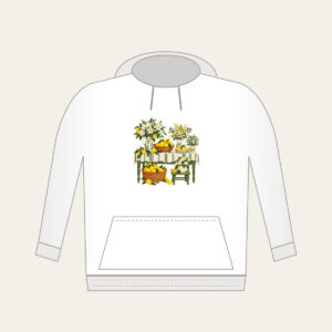 Lemon and Flower Market Stall Hoodie in white: A market table piled with lemons and blossoms in lemon yellow, cream and green.