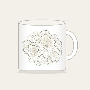 Moss Contour Map Mug in white: Topographic contour lines in moss, sand and cream with a tiny peak marker.