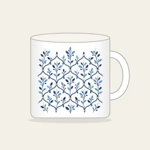 Navy Trellis and Leaf Pattern Mug in white: A repeating trellis of fine lines and small leaves in navy, sky blue and cream.