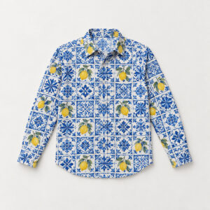 Courtyard Tile Button-Down Shirt with all-over repeat of Mediterranean-style tiles in cobalt and white with small lemon accents
