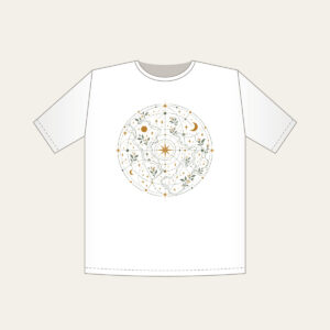 Map Lines with Blooms and Stars T-Shirt in white: Winding map lines carry small blooms and stars in sage, cream and ochre.