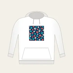Origami Cranes on Navy Hoodie in white: Folded paper cranes in coral, teal and cream scatter across a navy ground.