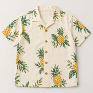 Youth Pineapple Hawaiian Shirt with compact front chest panel print of one pineapple with two leaves and a few small leaf sprigs in yellow, green and cream