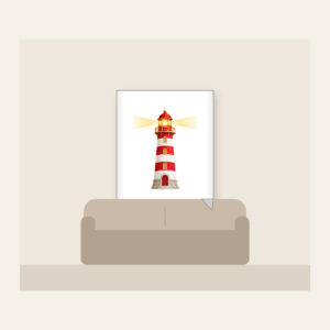 Striped Lighthouse Beam Fleece Blanket in white: A red and white striped lighthouse sends out a gentle golden beam of light.