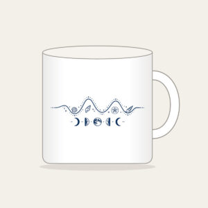 Tide Chart and Moon Phases Mug in white: A navy line-art tide curve dotted with tiny shells, with five moon phases beneath.