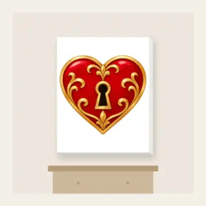 Heart and Keyhole in Red and Gold Canvas Print in white: A small heart with a keyhole in red and gold on a clean ground.