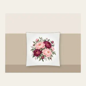 Blush and Plum Peony Blooms Pillow in white: Full peony blooms in blush, plum and sage fill the space in a lush repeating pattern.