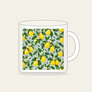 Lemon and Bee Garden Repeat Mug in white: A repeat of lemons, glossy leaves and tiny bees in yellow and green on a pale blue-grey ground.