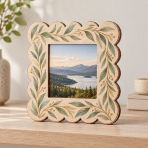 Willow Layered Wooden Frame with three stacked wood layers cut as a scalloped frame, top layer printed with willow leaves in sage and gold around a square opening