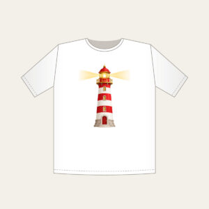 Striped Lighthouse Beam T-Shirt in white: A red and white striped lighthouse sends out a gentle golden beam of light.