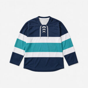 Glacier Stripe Hockey Jersey with glacier-colored stripes in white, teal and navy across the chest and sleeves