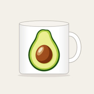 Halved Avocado Study Mug in white: An avocado cut open in leaf green, with a warm brown pit and a pale cream highlight.