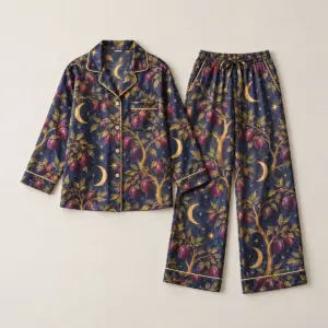 Satin Loose Pants Moonlit Orchard Set with all-over fruit trees and crescent moons in plum, gold and navy