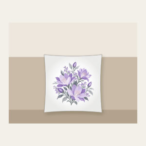 Lilac Night-Blooming Floral Pattern Pillow in white: A compact floral pattern of night-blooming flowers in lilac and pale grey.