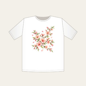 Peach Blossom Branches on Cream T-Shirt in white: Peach blossoms and slender branches in peach, rose and pale green rest on a glossy cream ground.