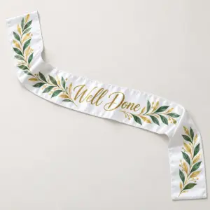 Laurel Well Done Satin Stole with laurel leaves in gold and green along both ends with the words "Well Done" at the centre
