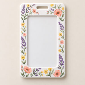 Wildflower Vertical ID Badge Holder with a printed border of wildflowers in lavender, coral and butter yellow around an empty window