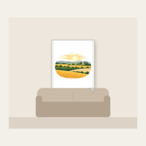 Farm Field Strips Under a Low Sun Fleece Blanket in white: Horizontal strips of gold, green and sand lie under a low pale sun.