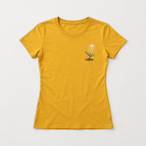 Sunbeam Seedling Women's Tee with small chest print of a seedling reaching for sunbeams in cream, green and brown