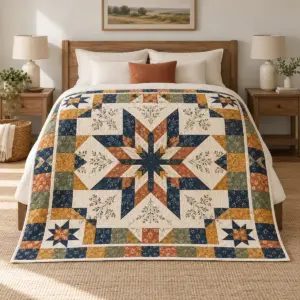 Heirloom Star Quilt Blanket with eight-point star medallion in navy, cream and rust with patchwork border squares in mustard and sage, White Binding type