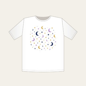 Scattered Stars and Crescents T-Shirt in white: Small stars and crescent moons scattered across the night in navy, lilac and gold.