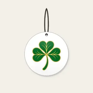 Gold-Edged Clover Leaf Ceramic Ornament in white: A flat clover leaf in green and gold sits inside a thin border line.