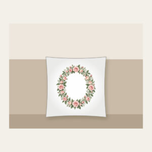 Oval Rose Wreath in Blush and Sage Pillow in white: An oval wreath of roses and leaves in blush and sage that leaves a quiet open space in the middle.