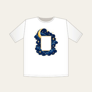 Starry Navy Sky with an Open Center T-Shirt in white: A deep-blue sky of tiny stars and a crescent surrounds an empty central rectangle.