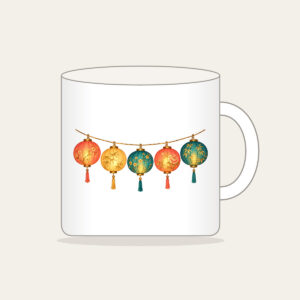 Five Glowing Paper Lanterns Mug in white: A string of five paper lanterns in coral, gold and teal glows against a dark ground.