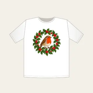 Robin in a Holly Wreath T-Shirt in white: A robin perches in a holly wreath in red, brown and green.