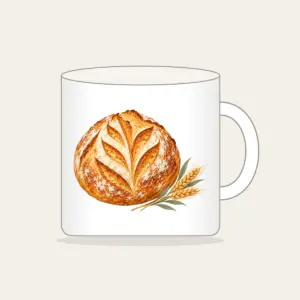 Sourdough Loaf and Wheat Sprig Mug in white: A round scored sourdough loaf with a small wheat sprig in golden brown, cream and sage.