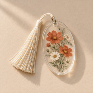 Clear oval acrylic tag printed with terracotta cosmos and ivory daisies, with a cream thread tassel and silver ring