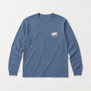 Paper Boat Long Sleeve Tee with small chest print of a folded paper boat on three ripple lines in white and orange