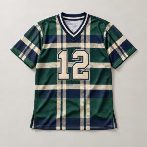 Highland V-Neck Short Sleeve Jersey with plaid-inspired bands in forest green, navy and cream with number "12"