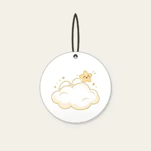 Little Star Hopping on a Cloud Ceramic Ornament in white: A little star hops across a cloud in white, cream and gold.