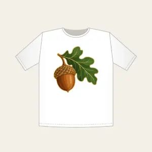 Gold-Outlined Acorn and Oak Leaf T-Shirt in white: A single acorn with an oak leaf in warm brown and green with a thin gold outline.