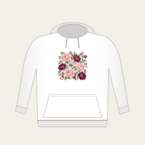 Peony Lace Garden Hoodie in white: Peony blooms and leaves in blush, plum and sage on cream with a lace-look border.