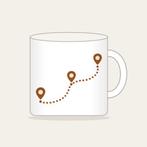 Dotted Route Linking Map Pins Mug in white: A dotted route line connects small map pins in cream on warm brown.