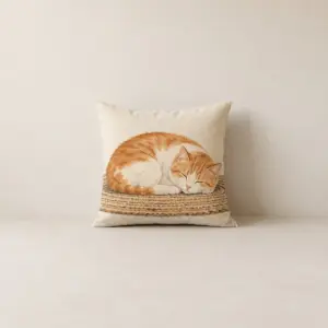 Loaf Cat Hearth Pillow with a loaf-shaped orange and cream cat sleeping on a woven rug